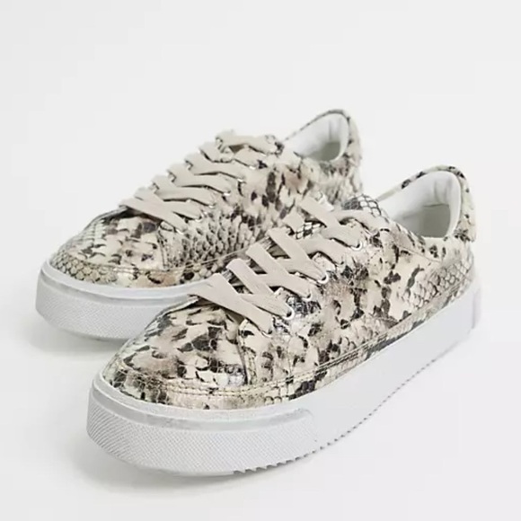 AllSaints Trish Leather Snakeskin Print Platform Sneakers Lace Up Beige - Picture 1 of 7